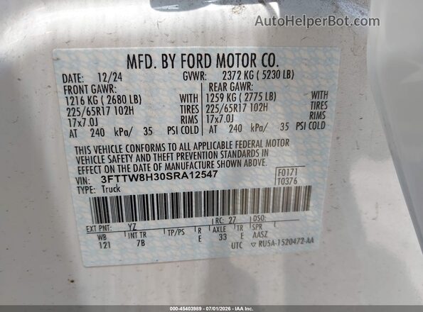 3FTTW8H30SRA12547 2025 FORD MAVERICK White Rear right