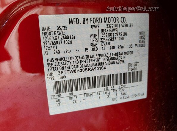 3FTTW8H30SRA90164 2025 FORD MAVERICK Red VIN კოდის სტიკერის ხედი
