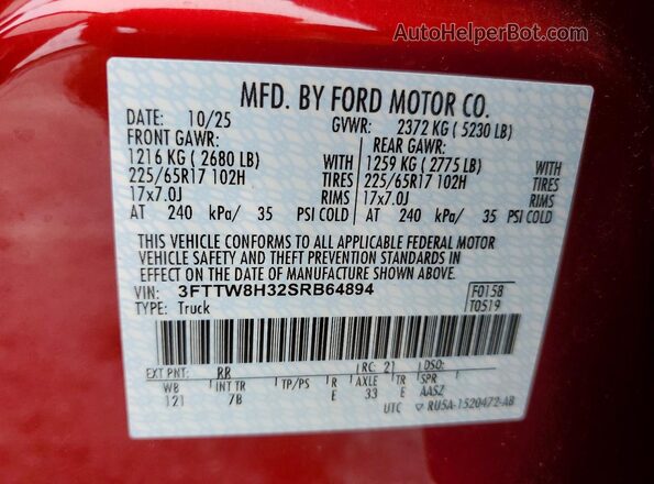 3FTTW8H32SRB64894 2025 FORD MAVERICK Burgundy Widok komory silnika