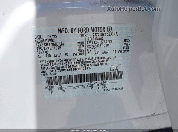 3FTTW8H35SRB02874 2025 FORD MAVERICK White Vista del compartimento del motor