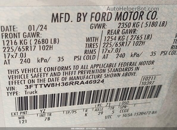 3FTTW8H36RRA46924 2024 FORD MAVERICK White ძრავის განყოფილების ხედი