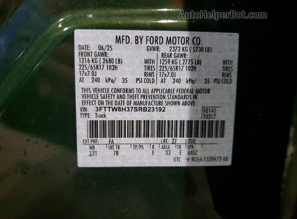 3FTTW8H37SRB23192 2025 FORD MAVERICK Green Widok naklejki z numerem VIN