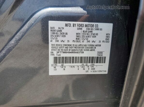 3FTTW8H94RRA93759 2024 FORD MAVERICK Gray Widok naklejki z numerem VIN