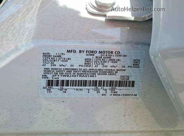 3FTTW8J32TRA01061 2026 FORD MAVERICK Белый Вид подкапотного пространства