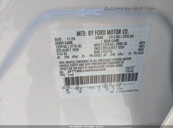 3FTTW8J34SRA03344 2025 FORD MAVERICK White Vista del compartimento del motor