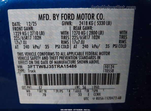 3FTTW8J35TRA15486 2026 FORD MAVERICK Blue Вид підкапотного простору