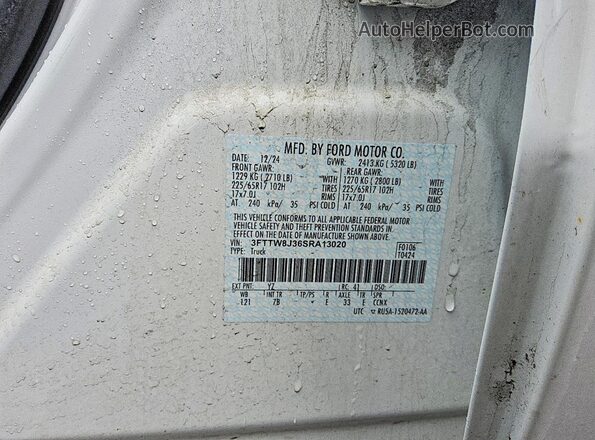 3FTTW8J36SRA13020 2025 FORD MAVERICK White Вид салону спереду