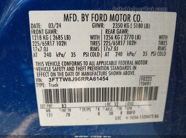 3FTTW8J96RRA61454 2024 FORD MAVERICK Синий Вид подкапотного пространства