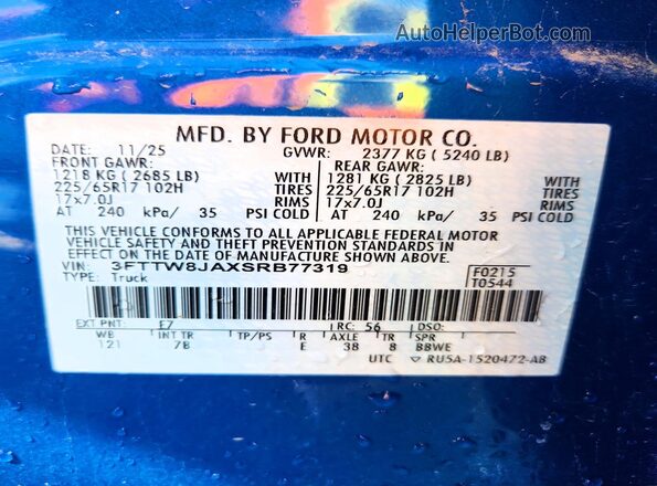 3FTTW8JAXSRB77319 2025 FORD MAVERICK Blue VIN կոդի պիտակի տեսք
