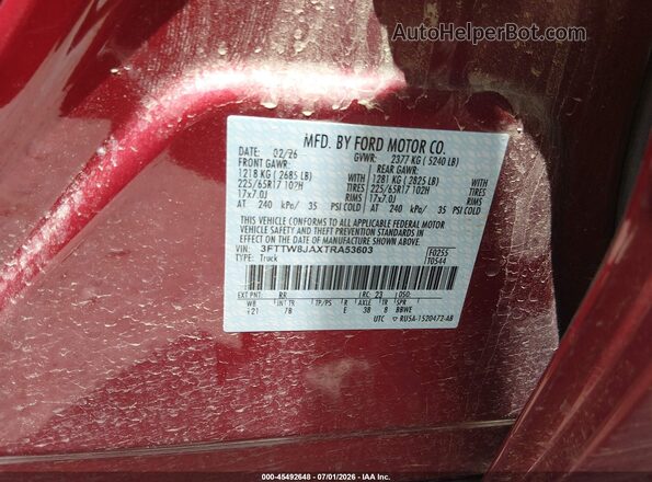 3FTTW8JAXTRA53603 2026 FORD MAVERICK Red ძრავის განყოფილების ხედი