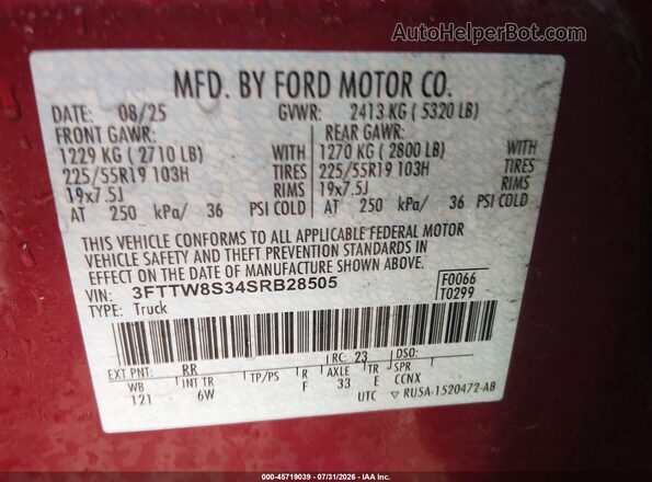 3FTTW8S34SRB28505 2025 FORD MAVERICK Red Widok komory silnika