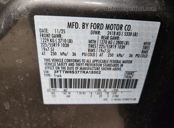 3FTTW8S37TRA18002 2026 FORD MAVERICK Серый Вид наклейки с VIN-кодом