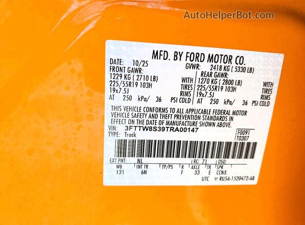 3FTTW8S39TRA00147 2026 FORD MAVERICK Orange Вид наклейки з VIN-кодом