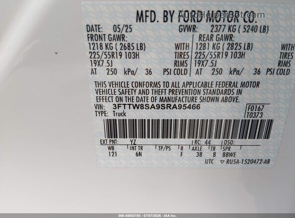 3FTTW8SA9SRA95466 2025 FORD MAVERICK White Вид підкапотного простору