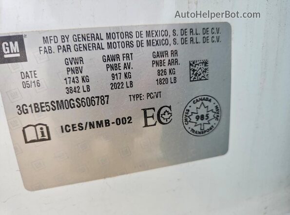 3G1BE5SM0GS606787 2016 CHEVROLET CRUZE White VIN sticker view