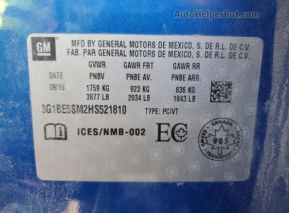 3G1BE5SM2HS521810 2017 CHEVROLET CRUZE Blue VIN sticker view