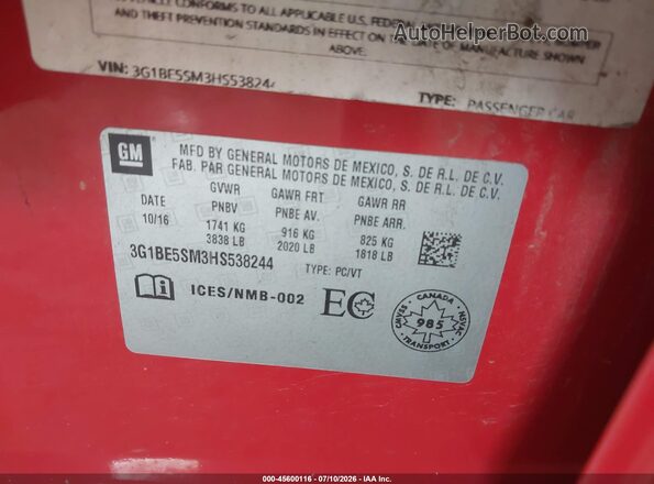 3G1BE5SM3HS538244 2017 CHEVROLET CRUZE Red ძრავის განყოფილების ხედი