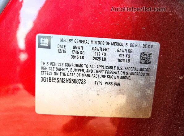 3G1BE5SM3HS568733 2017 CHEVROLET CRUZE Red Vista del compartimento del motor