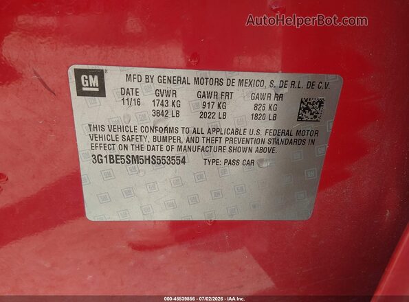 3G1BE5SM5HS553554 2017 CHEVROLET CRUZE Красный Вид подкапотного пространства