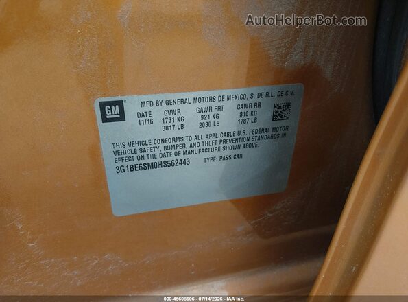 3G1BE6SM0HS562443 2017 CHEVROLET CRUZE Orange Вид підкапотного простору
