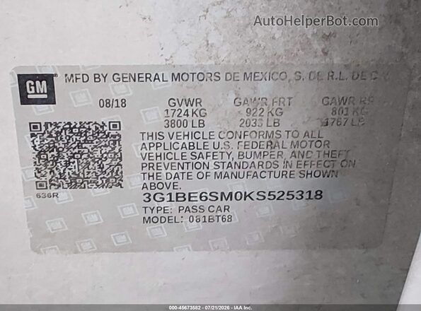 3G1BE6SM0KS525318 2019 CHEVROLET CRUZE Silver Vista del compartimento del motor