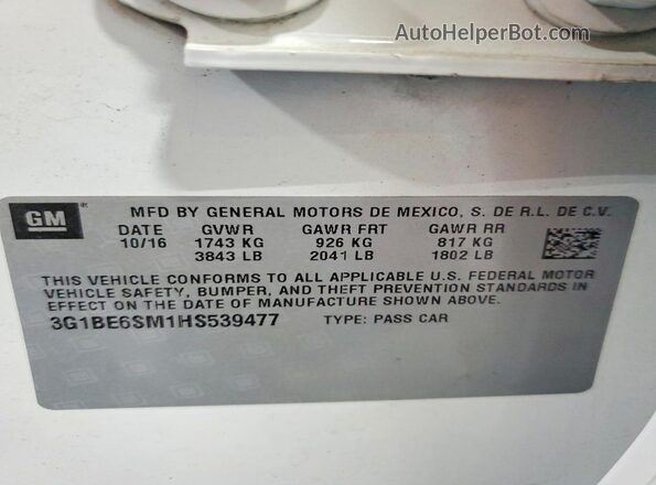 3G1BE6SM1HS539477 2017 CHEVROLET CRUZE White VIN կոդի պիտակի տեսք