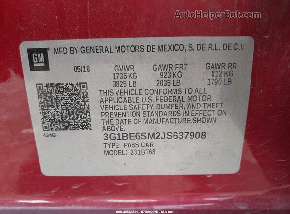 3G1BE6SM2JS637908 2018 CHEVROLET CRUZE Red Вид підкапотного простору