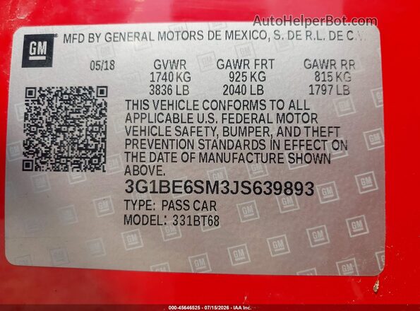 3G1BE6SM3JS639893 2018 CHEVROLET CRUZE Красный Вид подкапотного пространства