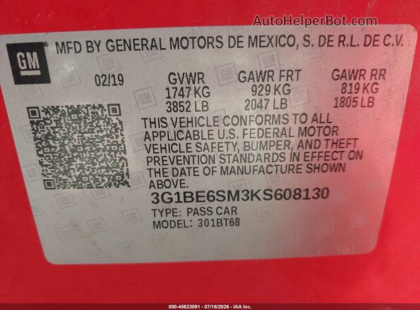 3G1BE6SM3KS608130 2019 CHEVROLET CRUZE Red Շարժիչի բաժամունքի տեսք
