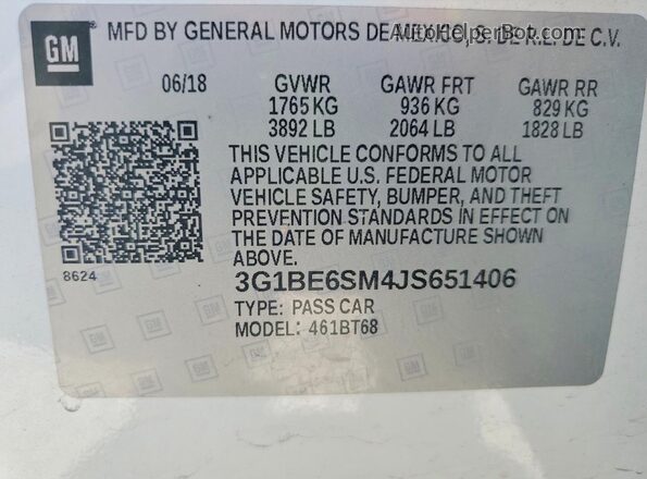 3G1BE6SM4JS651406 2018 CHEVROLET CRUZE White VIN կոդի պիտակի տեսք