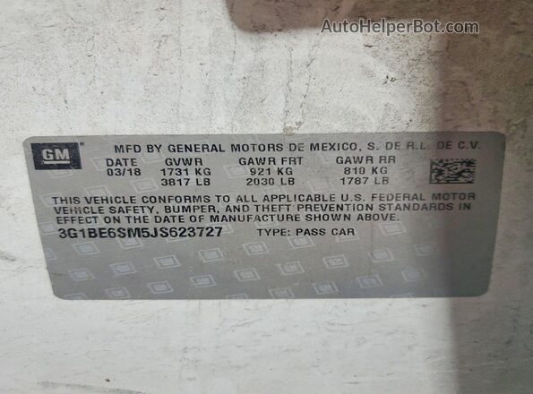3G1BE6SM5JS623727 2018 CHEVROLET CRUZE White VIN sticker view