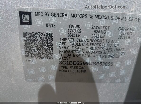 3G1BE6SM6JS653805 2018 CHEVROLET CRUZE Silver Вид підкапотного простору