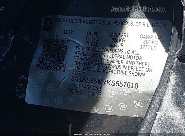 3G1BE6SM7KS557618 2019 CHEVROLET CRUZE Gray ძრავის განყოფილების ხედი