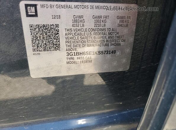 3G1BH6SE1KS573149 2019 CHEVROLET CRUZE Gray Widok naklejki z numerem VIN