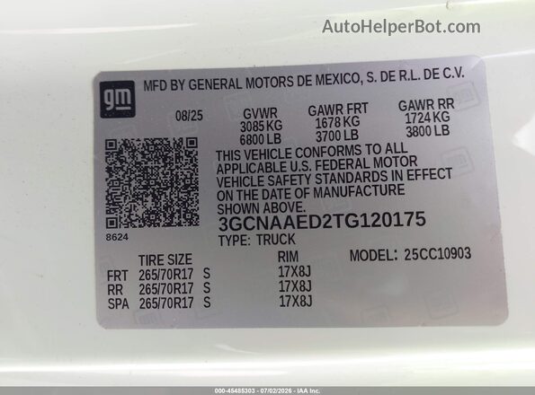 3GCNAAED2TG120175 2026 CHEVROLET SILVERADO White Շարժիչի բաժամունքի տեսք