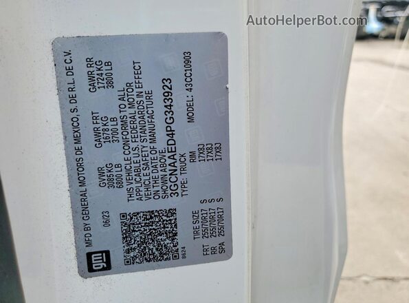 3GCNAAED4PG343923 2023 CHEVROLET SILVERADO White VIN კოდის სტიკერის ხედი