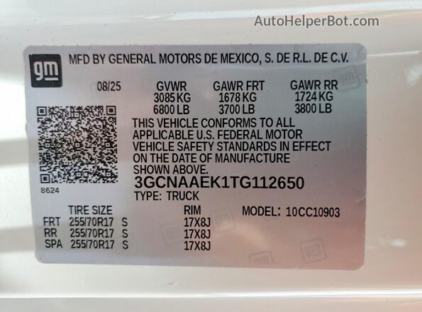 3GCNAAEK1TG112650 2026 CHEVROLET SILVERADO White Vista de la etiqueta del VIN