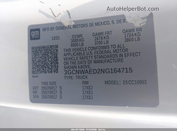 3GCNWAED2NG164715 2022 CHEVROLET SILVERADO Белый Вид подкапотного пространства