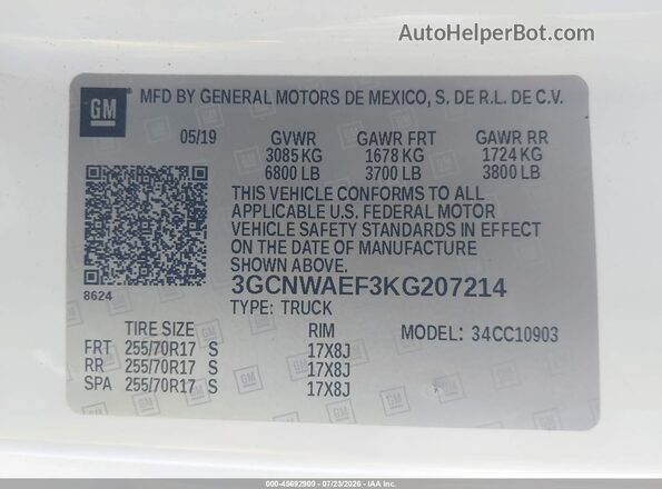 3GCNWAEF3KG207214 2019 CHEVROLET SILVERADO Белый Вид подкапотного пространства