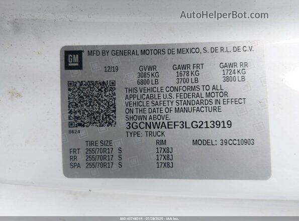 3GCNWAEF3LG213919 2020 CHEVROLET SILVERADO White Շարժիչի բաժամունքի տեսք