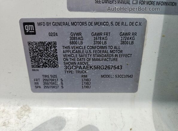 3GCPAAEK5RG267543 2024 CHEVROLET SILVERADO White Widok naklejki z numerem VIN