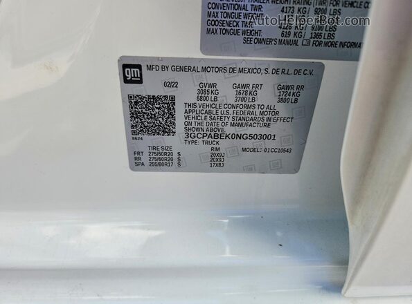 3GCPABEK0NG503001 2022 CHEVROLET SILVERADO White Вид підкапотного простору