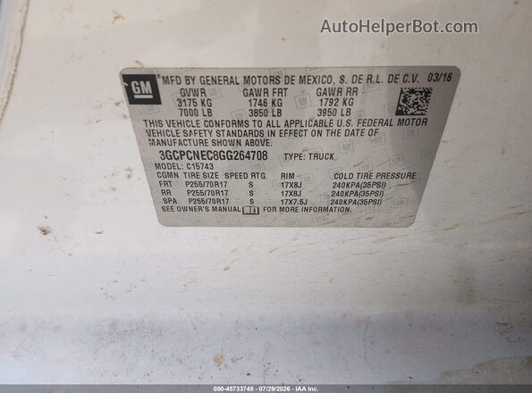 3GCPCNEC8GG264708 2016 CHEVROLET SILVERADO White Widok komory silnika