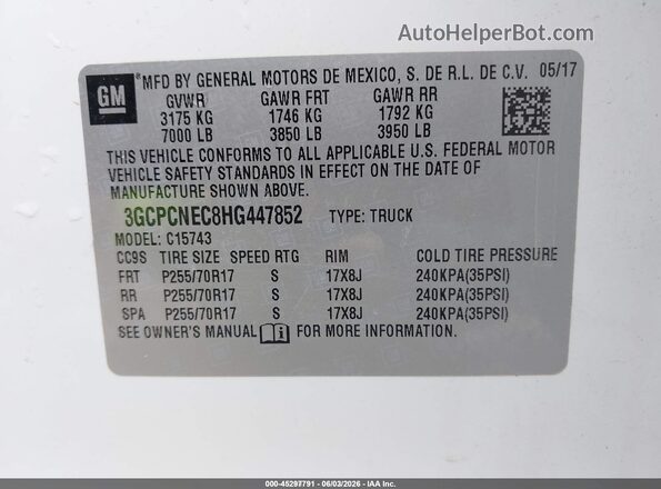 3GCPCNEC8HG447852 2017 CHEVROLET SILVERADO White Շարժիչի բաժամունքի տեսք