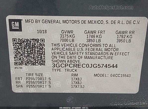 3GCPCREC0JG574544 2018 CHEVROLET SILVERADO Gray ძრავის განყოფილების ხედი