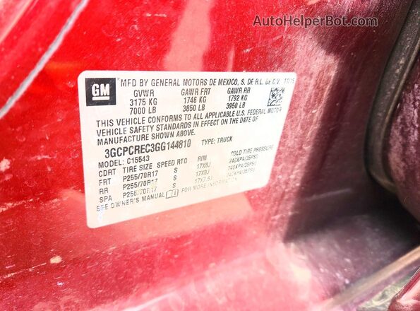 3GCPCREC3GG144810 2016 CHEVROLET SILVERADO Burgundy Vista de la etiqueta del VIN