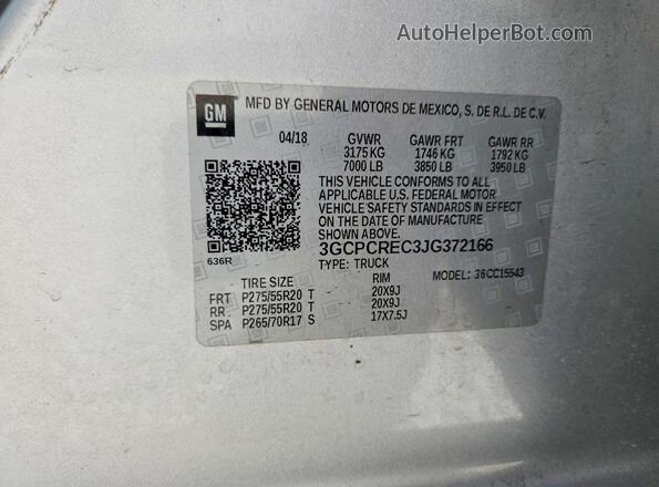 3GCPCREC3JG372166 2018 CHEVROLET SILVERADO Silver Vista de la etiqueta del VIN