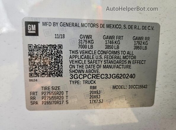 3GCPCREC3JG620240 2018 CHEVROLET SILVERADO White VIN կոդի պիտակի տեսք