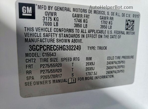 3GCPCREC6HG302249 2017 CHEVROLET SILVERADO White Widok naklejki z numerem VIN