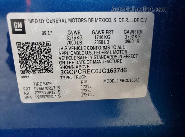 3GCPCREC6JG163746 2018 CHEVROLET SILVERADO Blue VIN კოდის სტიკერის ხედი